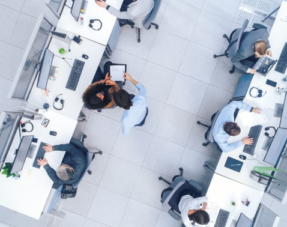 Aerial shot of an office environment, representing employment law.