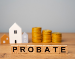 Image of wooden blocks spelling out 'probate' with wooden houses and coins in the background.