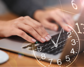 Image of a woman's hands typing on a laptop with a clock superimposed over the top, representing overtime.