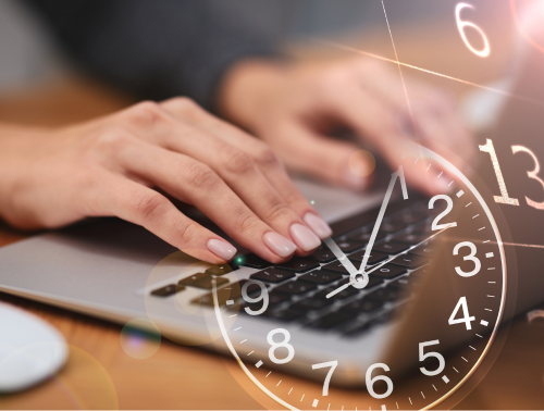 Image of a woman's hands typing on a laptop with a clock superimposed over the top, representing overtime.