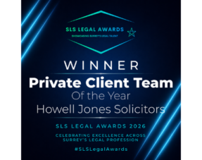 Graphic showing that Howell Jones Solicitors has been named Private Client Team of the Year at the 2026 Surrey Law Society Legal Awards.
