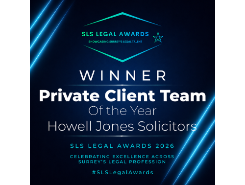 Graphic showing that Howell Jones Solicitors has been named Private Client Team of the Year at the 2026 Surrey Law Society Legal Awards.